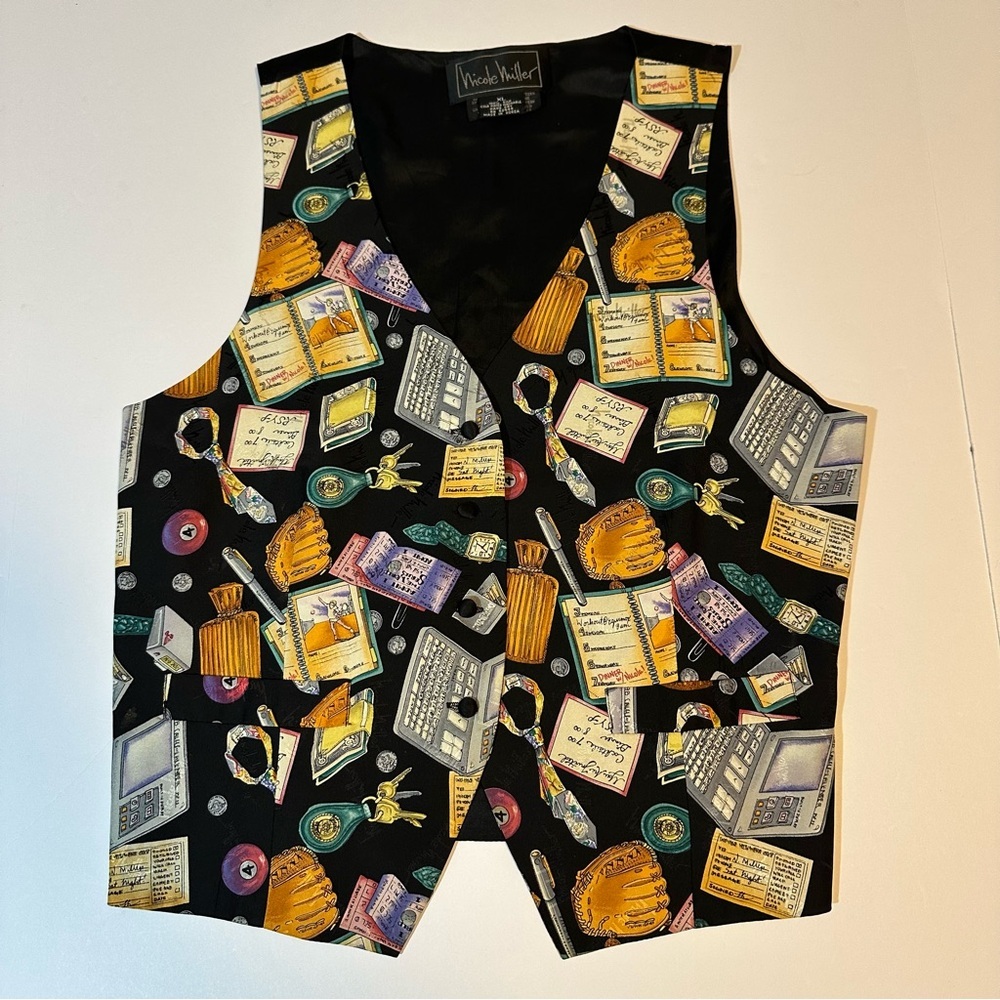 Nicole Miller Black Printed Novelty Vest with Yellow and Purple Accents